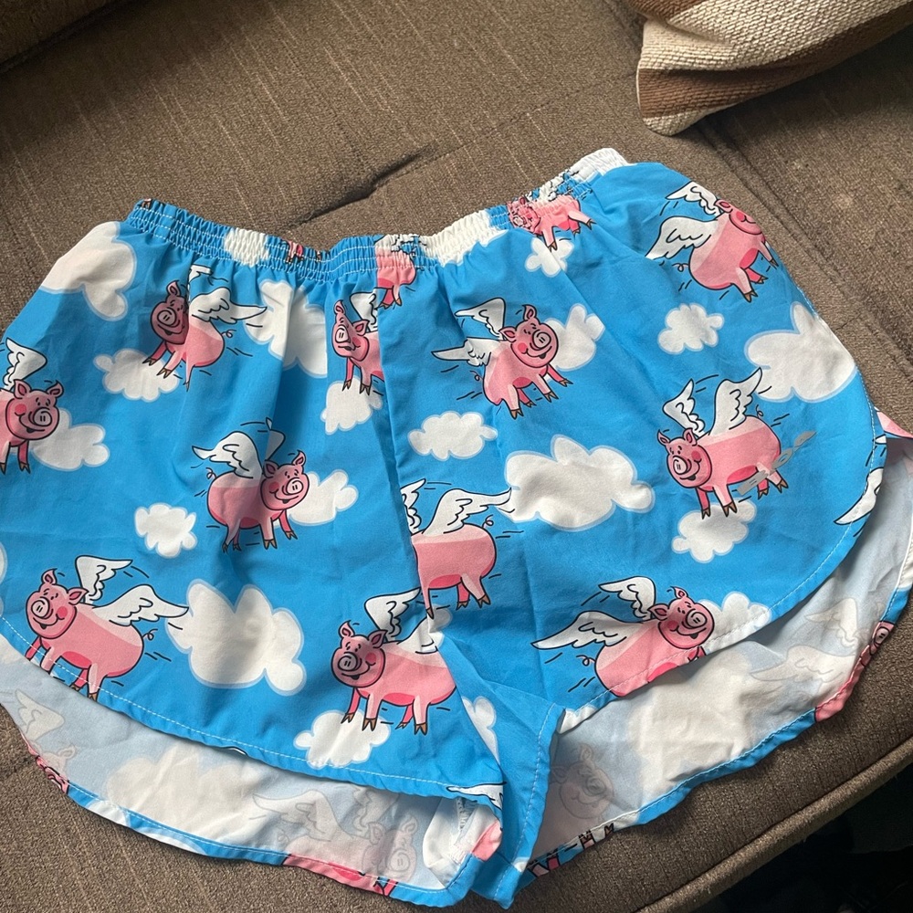 Flying Pig Print Blue Shorts